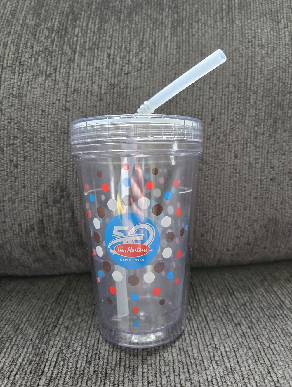 Tim Hortons 50th Anniversary Reusable Cup Clear Plastic Screw Lid Straw 2014